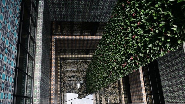 Un intérieur spacieux avec des murs décorés de motifs et une grande plante suspendue.