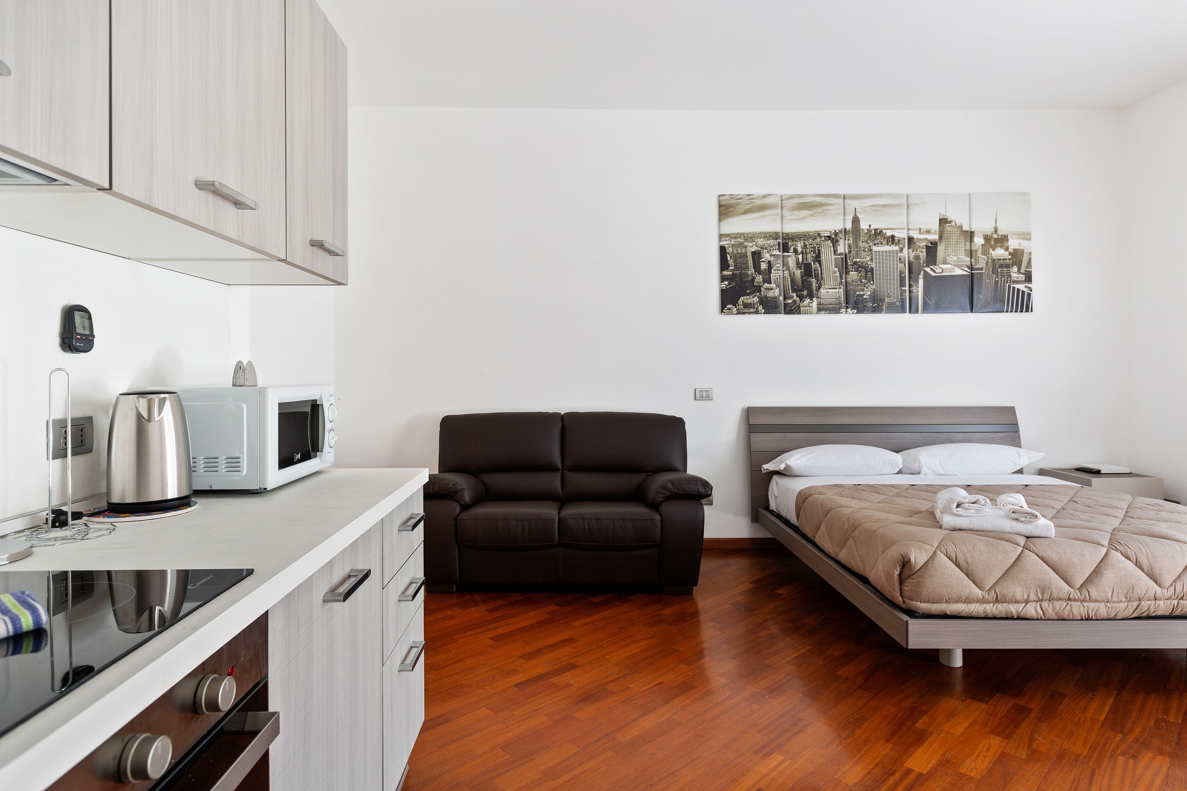A modern room with a kitchenette, a sofa, a bed, and a cityscape wall art.