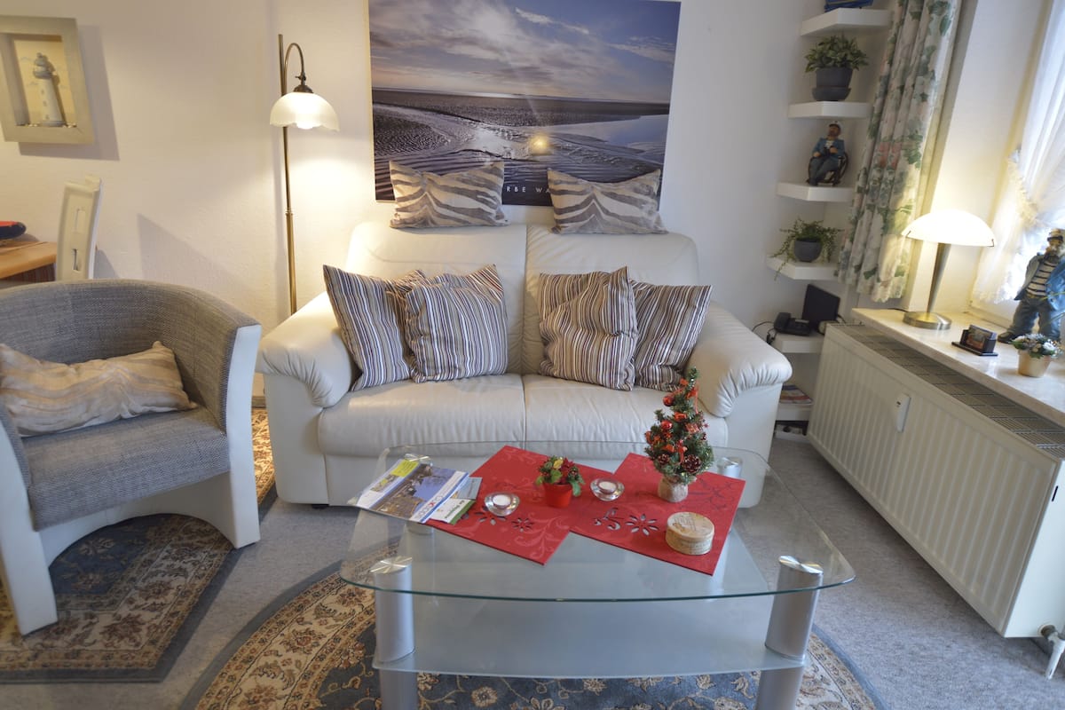A living room with a sofa, armchair, glass coffee table, and a red placemat with a small plant.