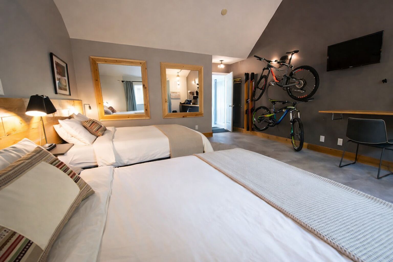 Desk, laptop workspace, blackout curtains, free WiFi