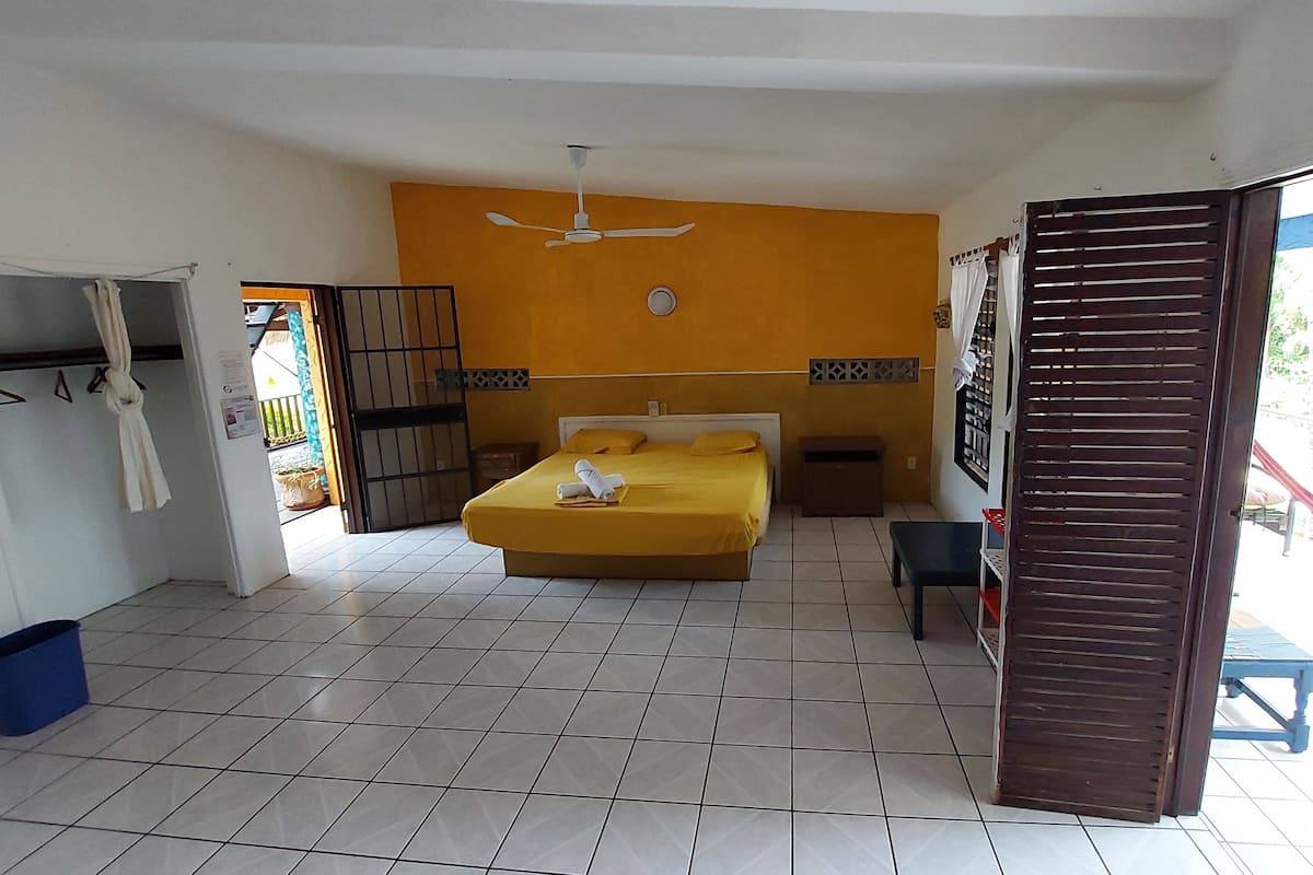 A room with a bed, a ceiling fan, a window with blinds, and a door leading outside.