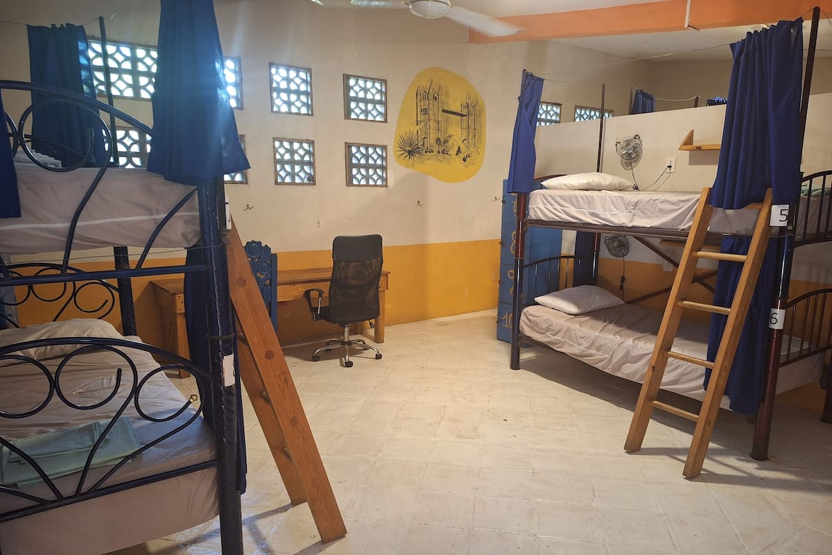 A dormitory room with bunk beds, a desk, a chair, and a window with a decorative view.