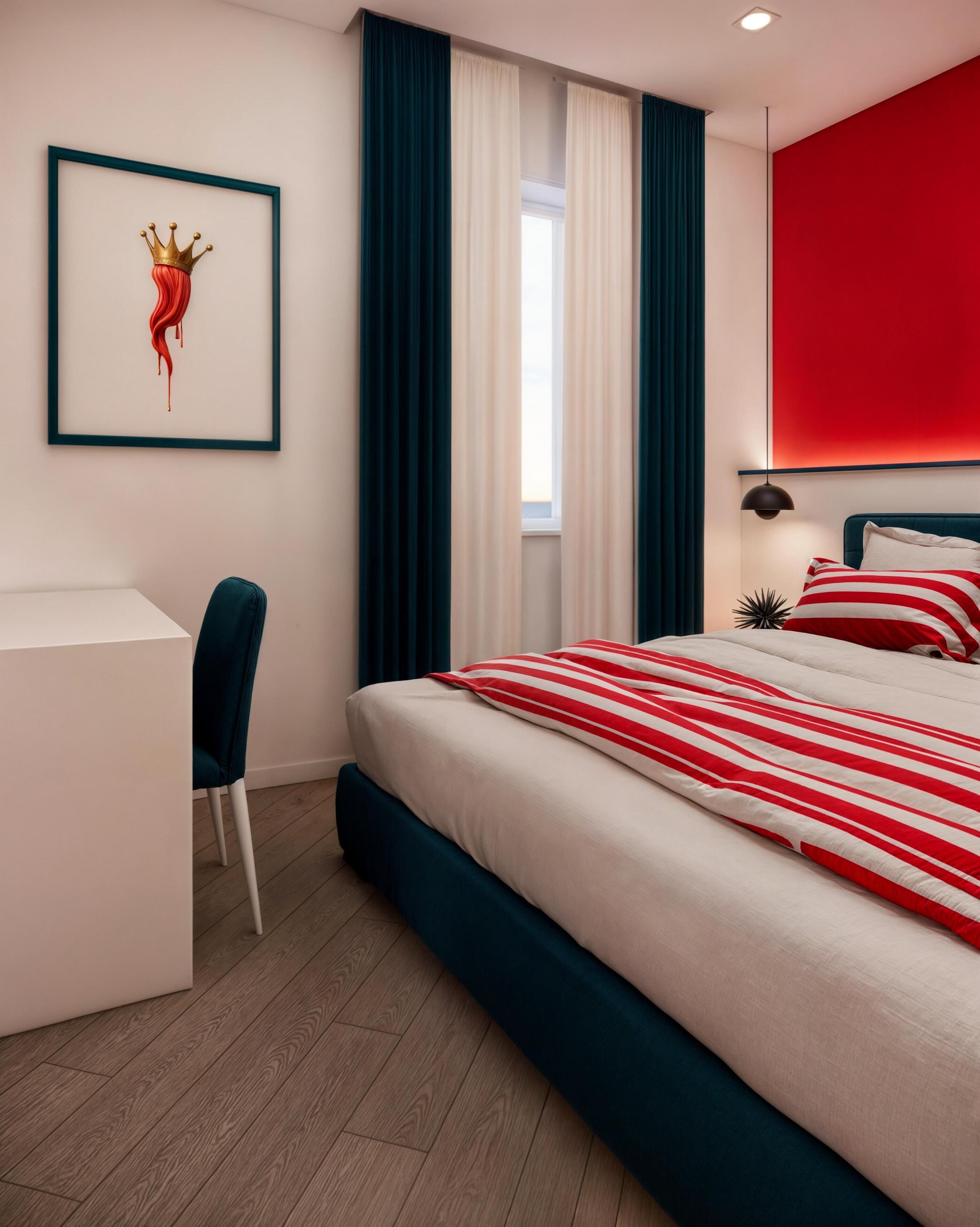 Ein modernes Hotelzimmer mit Bett, Schreibtisch und Stuhl.