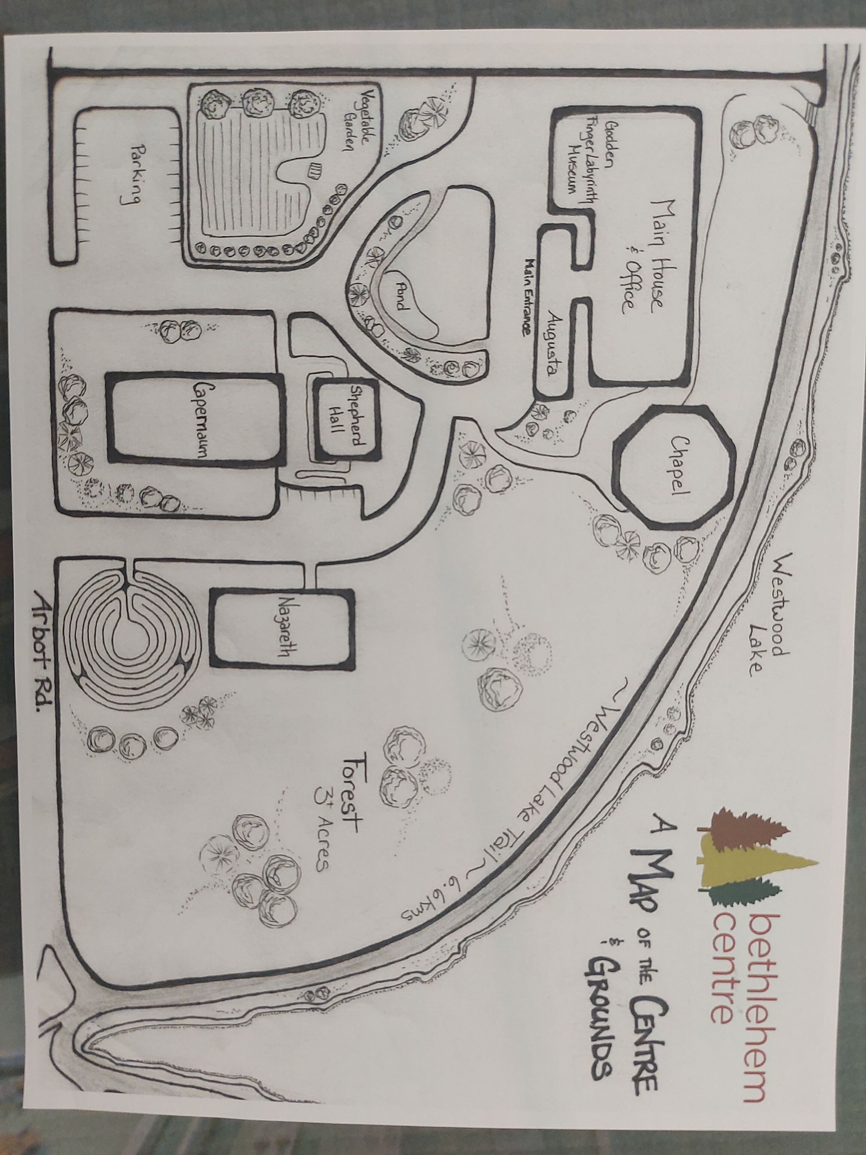A map of the Bethlehem Centre, including the Main House, Chapel, Forest, and various gardens.