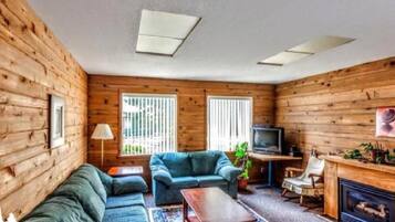 A cozy room with wooden walls, a sofa, a TV, a fireplace, and a window with blinds.