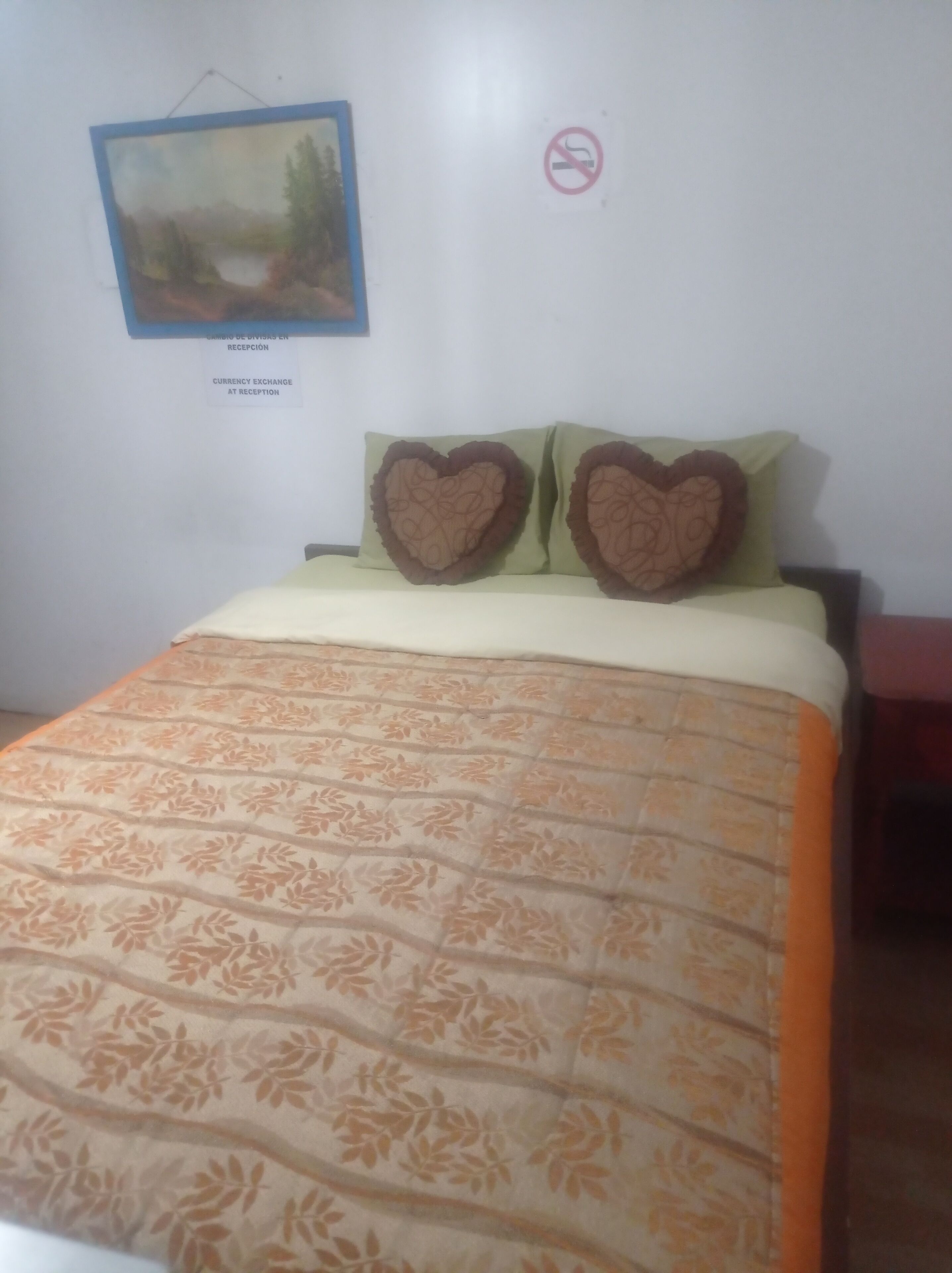 A bed with a floral-patterned bedspread, two heart-shaped pillows, a framed picture on the wall, and a 'No Smoking' sign.