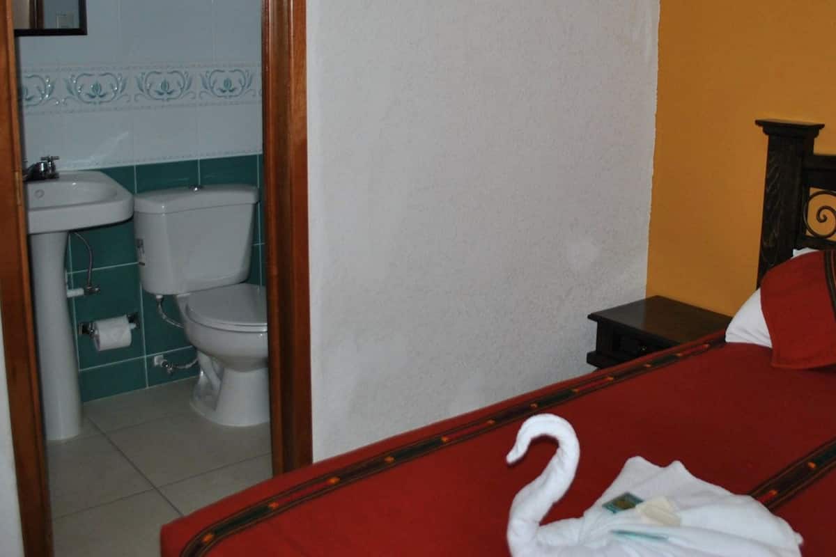 Une chambre d’hôtel avec un lit, une table de chevet, un miroir, un lavabo et des toilettes.