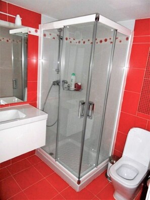 Bathroom features a glass-enclosed shower, handheld showerhead, and a white sink with mirror.