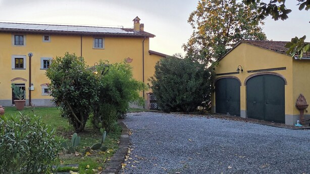 A yellow building with a gravel driveway, a green lawn, and a tree. - House / Villa - Quarrata with private pool (Quarrata)