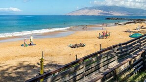 A beach with a wooden fence, clear blue sky, and a mountain in the background.