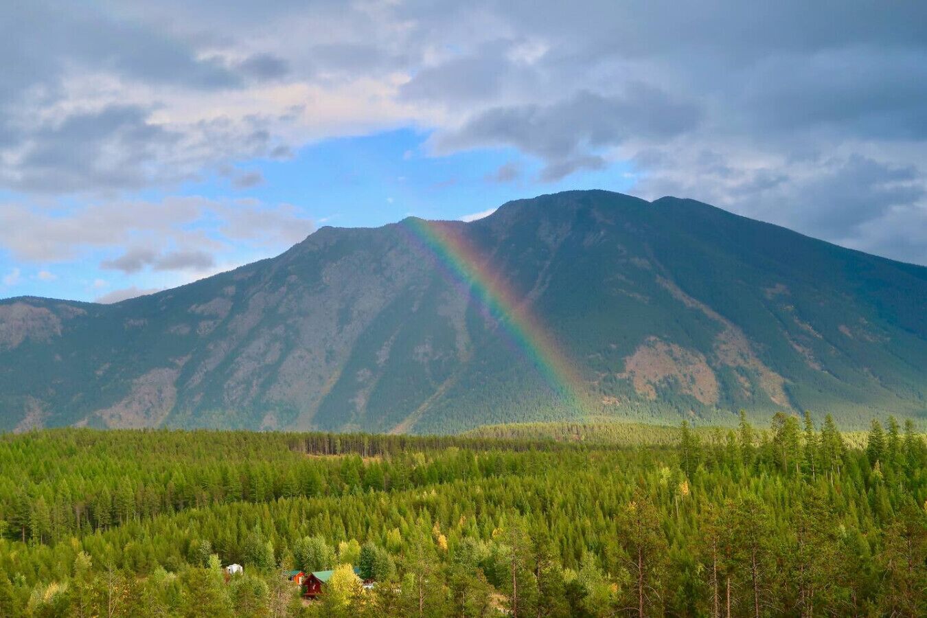 Ein Berg mit Regenbogen und einem bewaldeten Vordergrund.