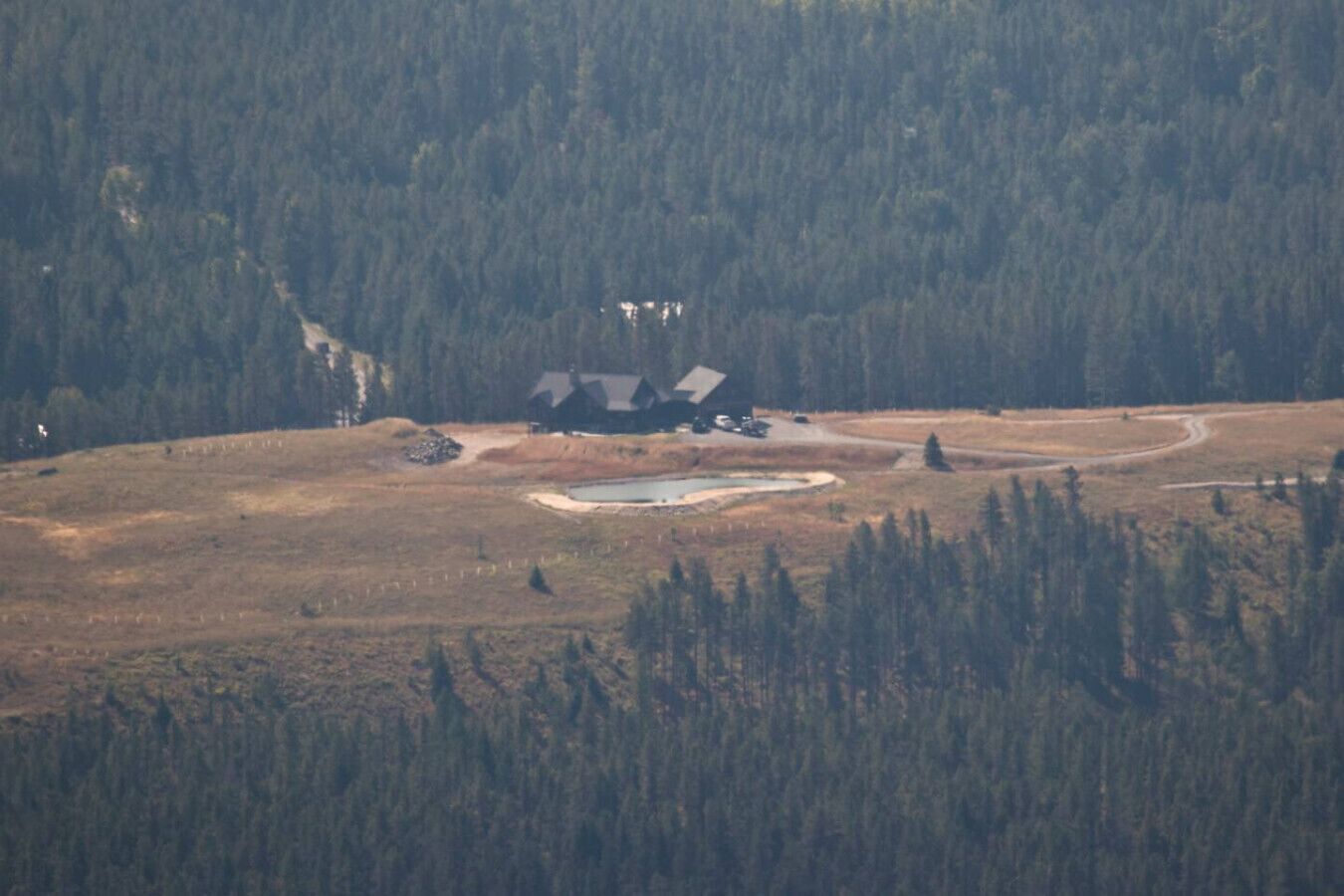 A remote cabin in a forested area with a small pond and a dirt road.