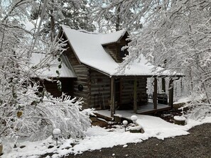 A log cabin with a snow-covered roof and porch, surrounded by trees and bushes.
