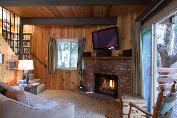 Ein gemütliches Wohnzimmer mit Kamin, Fernseher und Bücherregal.