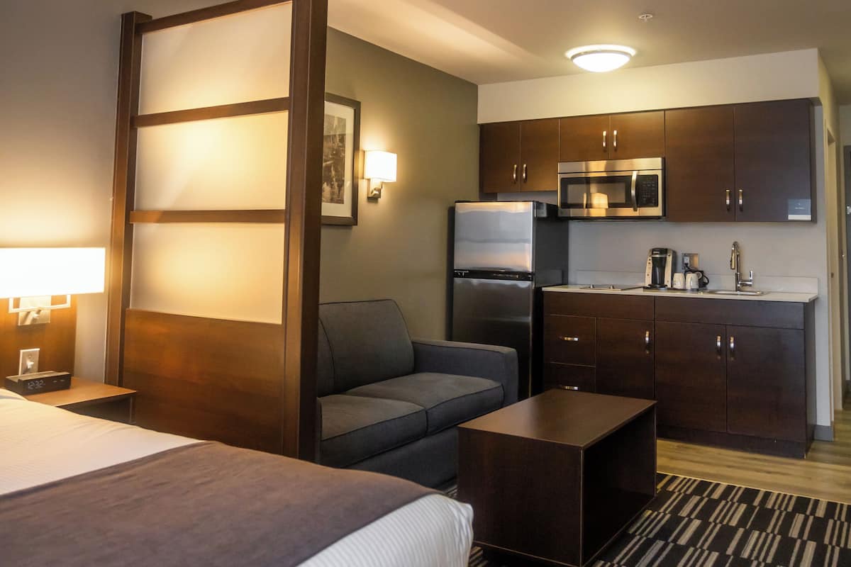 studio suite, 1 queen bed, non smoking, kitchen | pillow-top beds, desk, iron/ironing board, cots/infant beds