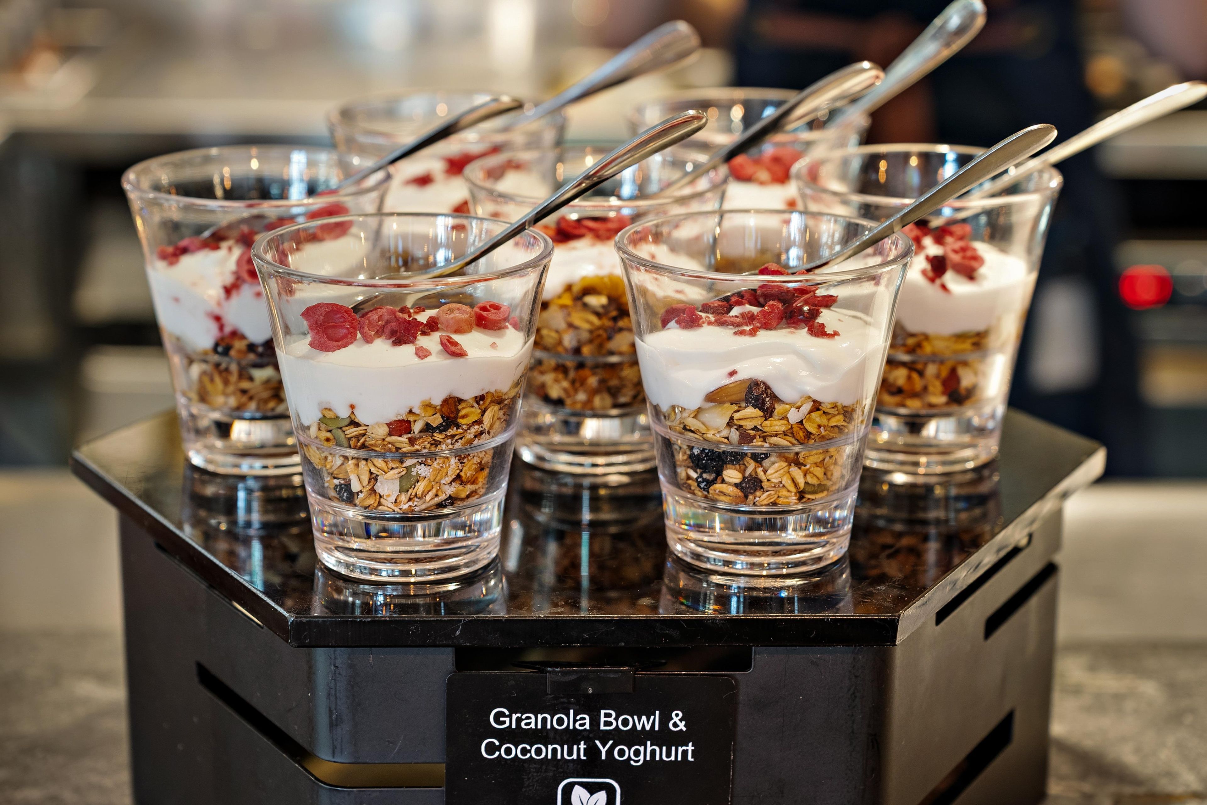 A display of granola bowls with coconut yoghurt.