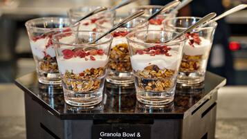 A display of granola bowls with coconut yoghurt.