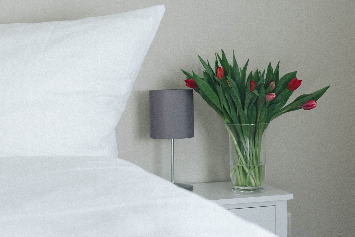 A neatly made bed with white bedding, a small bedside table with a lamp, and a vase with red tulips.