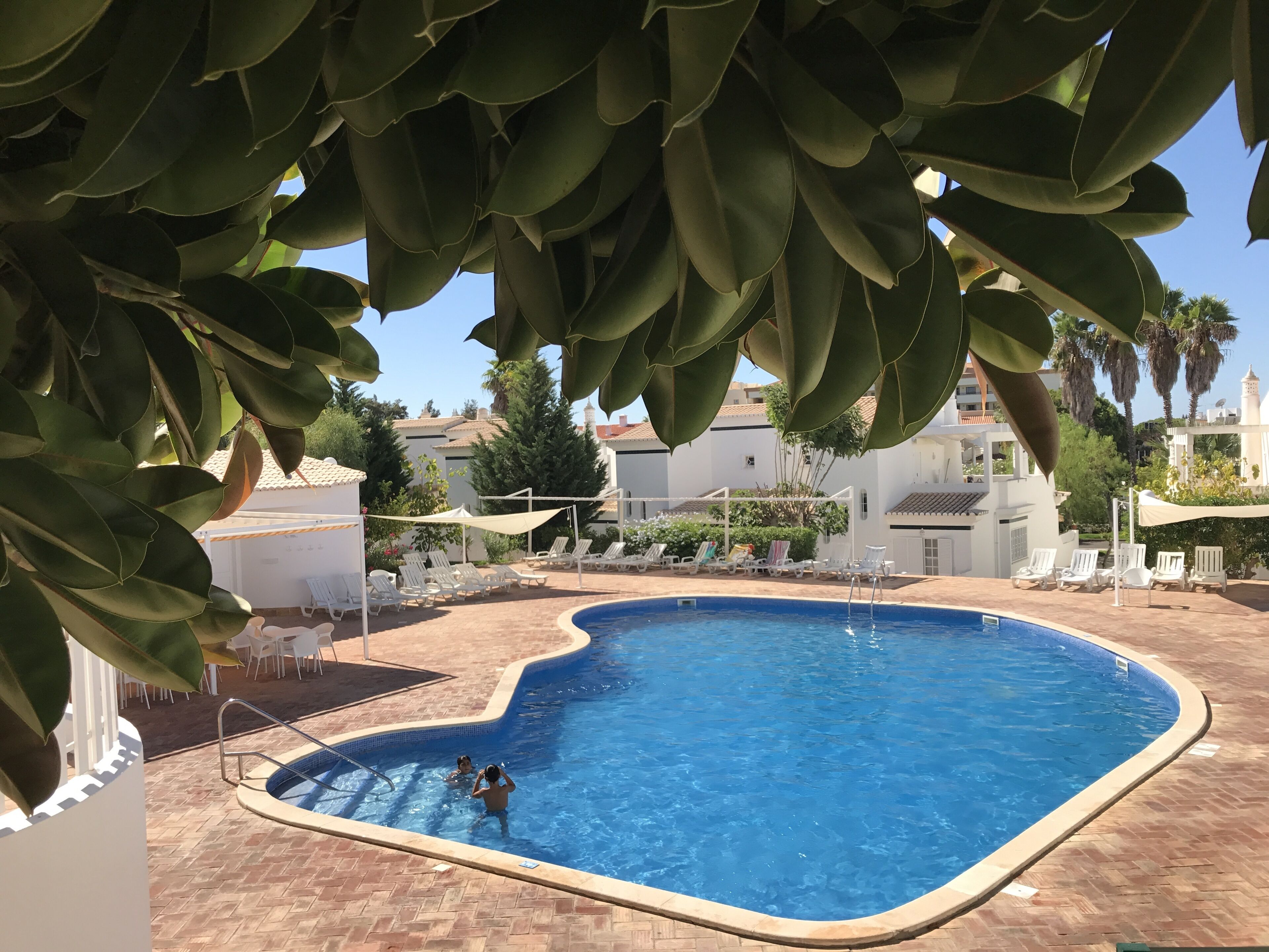 Une piscine entourée de chaises longues et d’une terrasse en briques.
