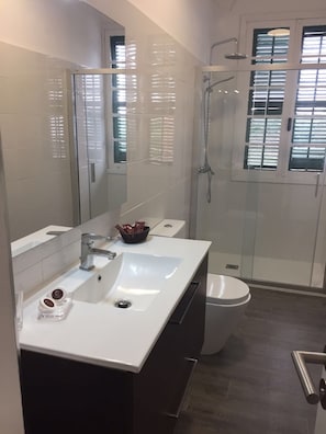 Shower, eco-friendly toiletries, hair dryer, towels