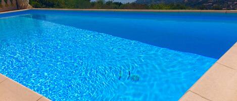 Outdoor pool, a heated pool, pool loungers