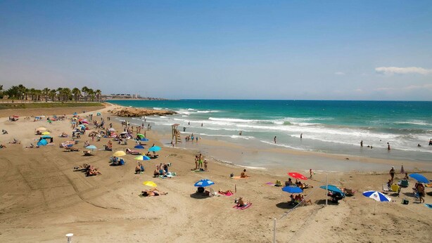 Une plage avec de nombreux parasols et des gens qui profitent du sable et de la mer.