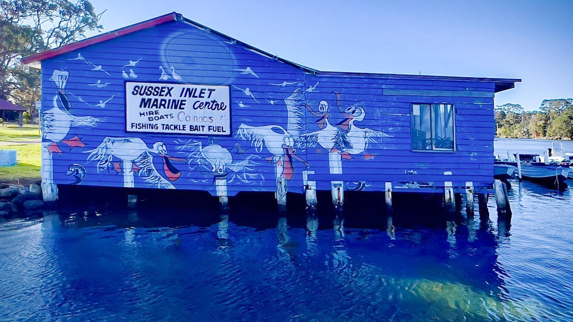 A blue building with a sign advertising fishing tackle bait fuel.