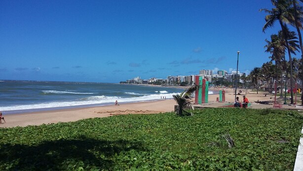Una playa con vista al océano y un paisaje urbano al fondo.