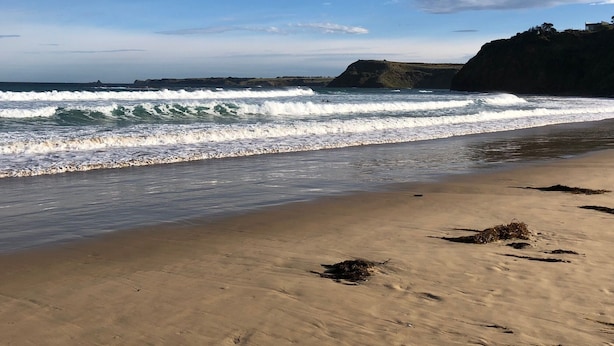 A beach with waves, a clear sky, and a distant rocky cliff.