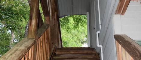 Un escalier en bois mène à un espace abrité d’où l’on peut admirer la verdure environnante.