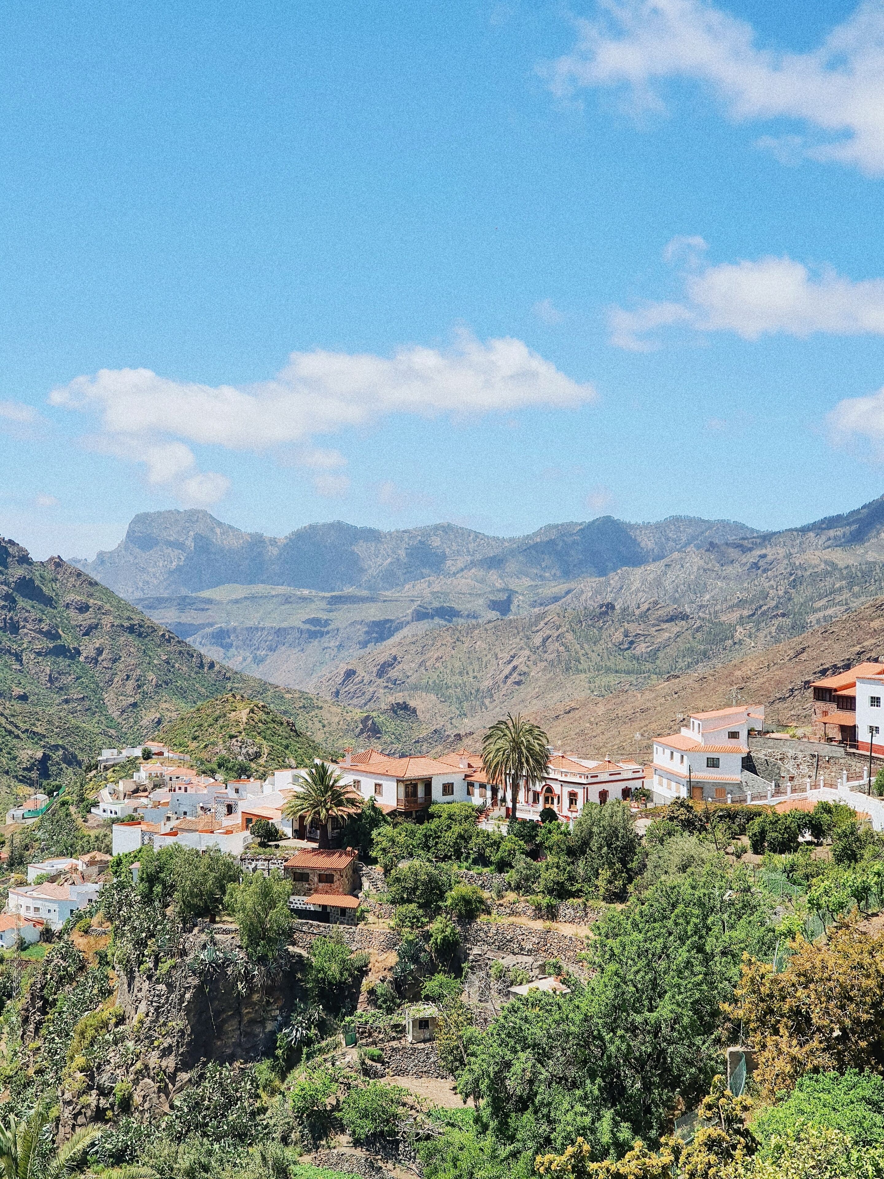 A hillside village with traditional architecture, terraced fields, and a mountainous backdrop.