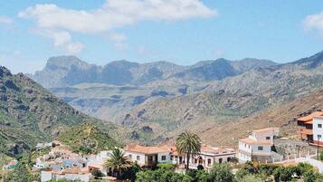 A hillside village with traditional architecture, terraced fields, and a mountainous backdrop.