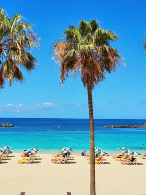 A beach with palm trees, clear blue water, and beach chairs under umbrellas.