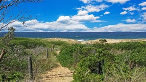 A coastal path leading to the ocean, surrounded by greenery and a clear sky. - Farrant House - direct access to beach (Culburra Beach)