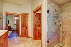 Combined shower/tub, hair dryer, towels, soap