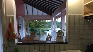 Een keuken met een spoelbak, een raam met uitzicht op een balkon en groen in de verte.