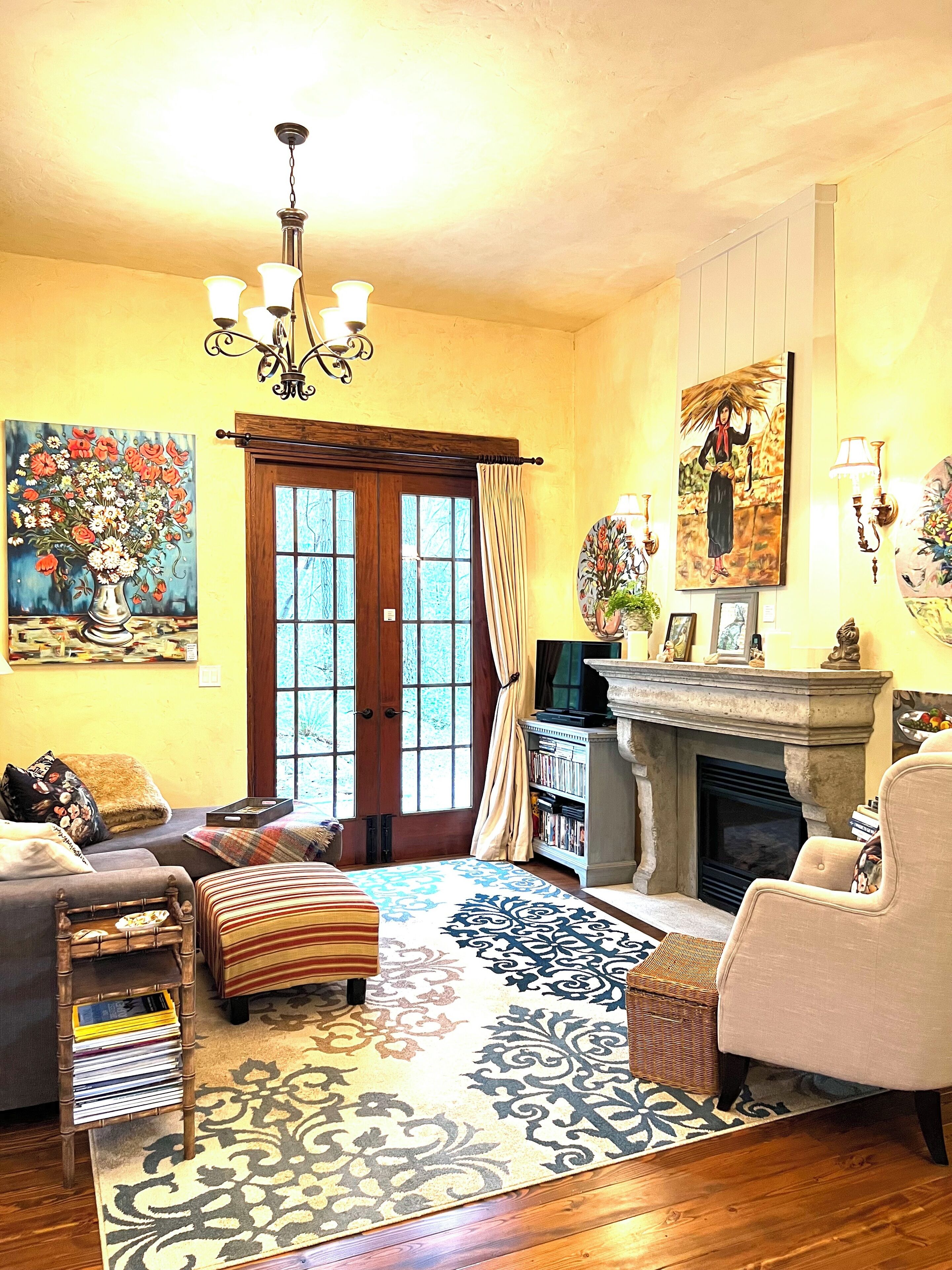 TV, fireplace, DVD player, books