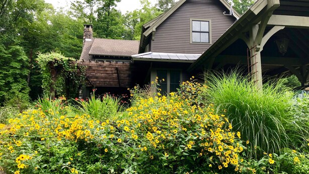 Una casa rústica con techo inclinado, rodeada por un jardín con flores amarillas y follaje verde.