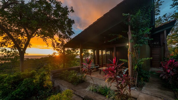 A covered outdoor area with a view of the sunset, surrounded by lush greenery and a wooden structure.
