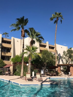 A pool area with palm trees, lounge chairs, and a building with balconies.