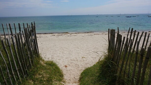 Una playa arenosa con una cerca de madera que lleva al agua.