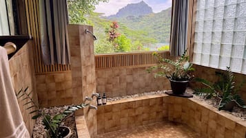 Baño con vista a un paisaje montañoso, zona de ducha y plantas en macetas.