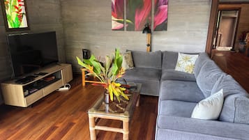 A living room with a grey sofa, a glass coffee table, a TV on a wooden stand, and a plant on the coffee table.