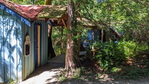 A rustic wooden structure with a red roof, surrounded by dense forest. - Westover Bed and Breakfasts (Salt Spring Island)