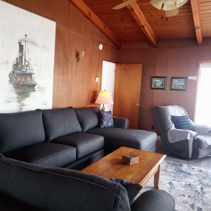 Smart TV, fireplace, DVD player, books