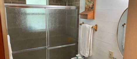 Une salle de bain avec une douche à parois de verre, des toilettes, un lavabo et un miroir.