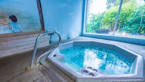 Een hottub met een metalen trap, een raam met uitzicht op groen en een houten vloer.