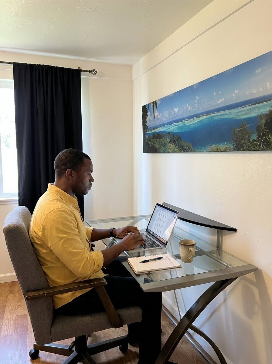 A person seated at a glass table with a laptop, a notebook, and a mug. The room has a window with black curtains, a painting of a landscape on the wall, and a chair with a metal frame.
