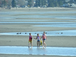 Ein Strand mit drei Kindern, die am Ufer entlanggehen.
