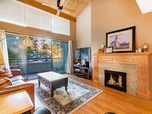 Télévision, cheminée, lecteur de DVD, baby-foot